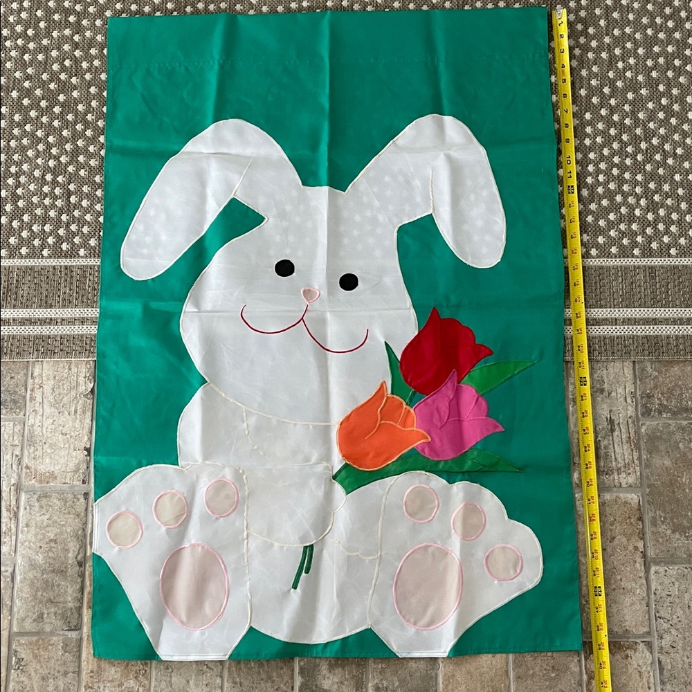 Cute sitting Bunny Wall Art flag with Flowers